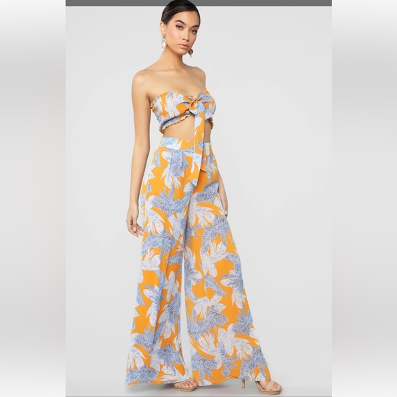 Miss Avenue Pants - Miss Avenue Leaf a Message Orange Wide Leg Pant Set with Smocked Crop Top sz L